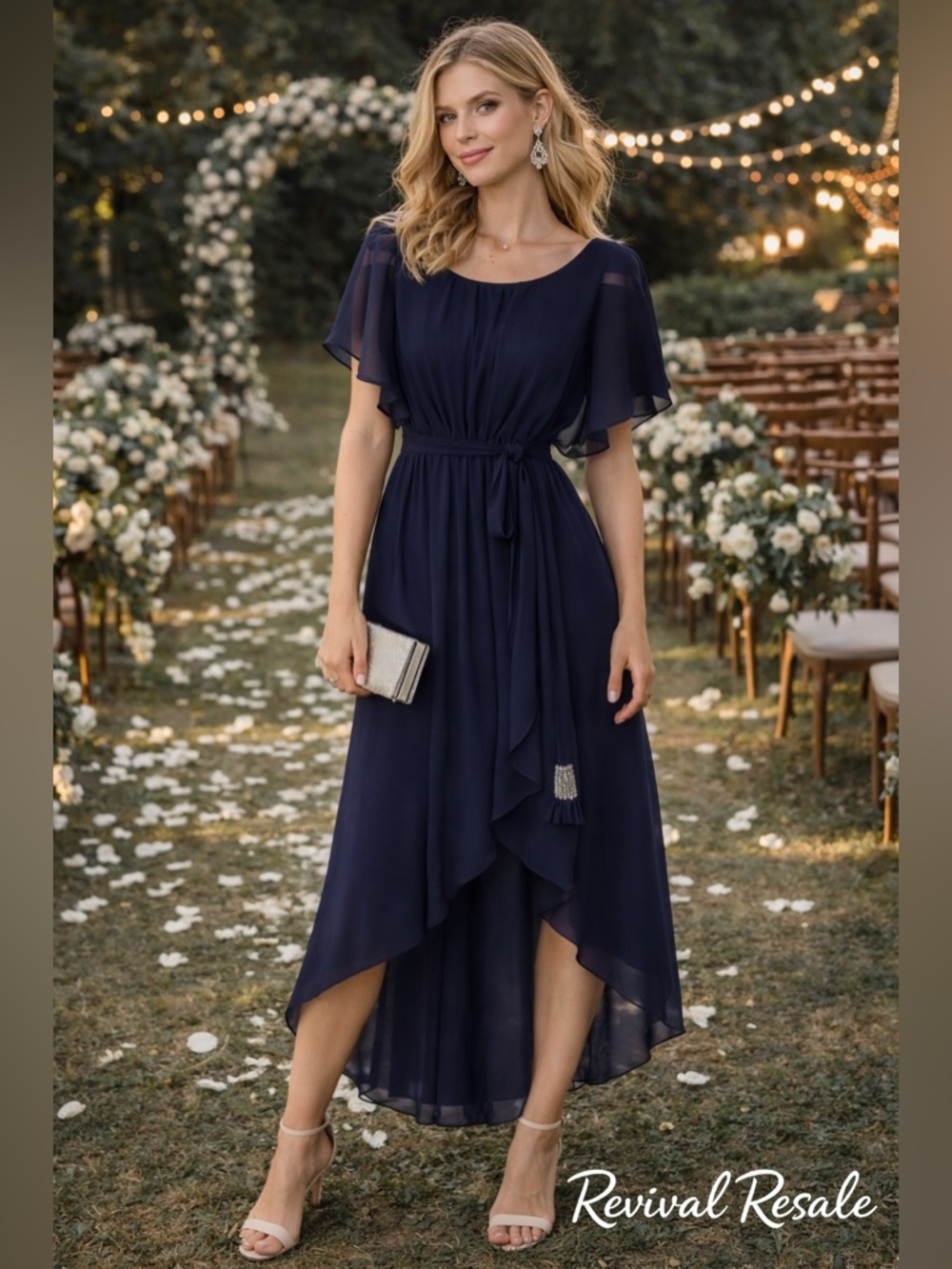 Romantic Navy Blue Chiffon Hi/Low Dress Flutter Sleeve Rhinestone Tie Accent S